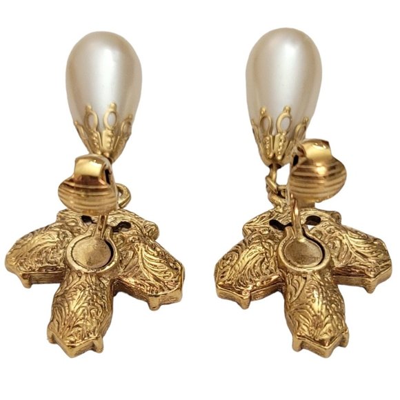 1928 Brand Faux Pearl Dangle Clear Rhinestones Clip-On Earrings 1.8” L E212 - Picture 6 of 9